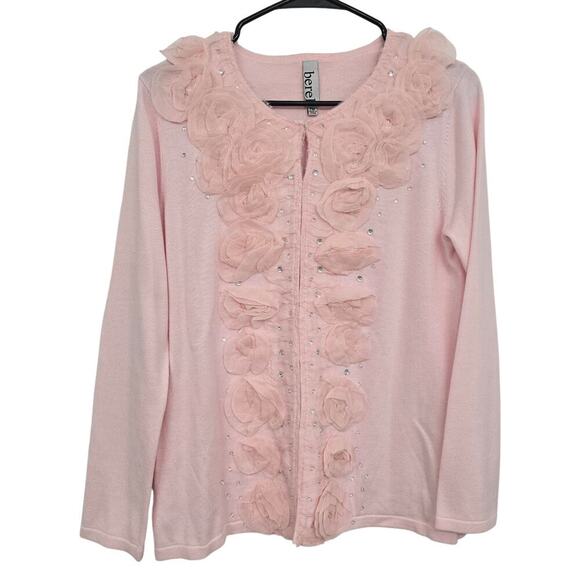 Berek Pink Rosette Appliqué Cardigan Sweater M Embellished Rhinestone Cotton - Picture 1 of 9